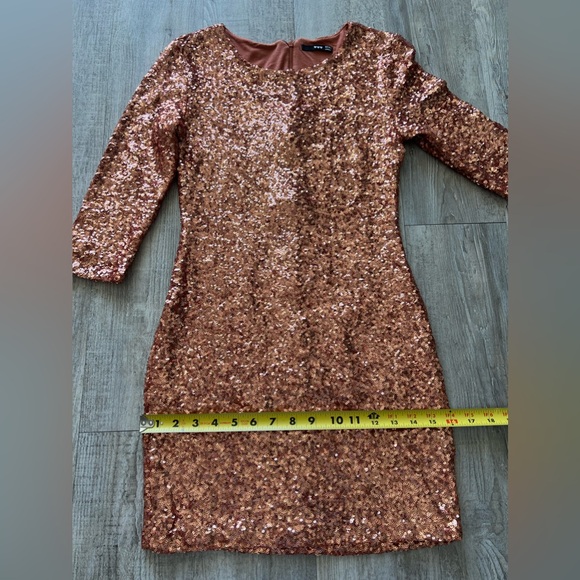 ASOS Rose Gold Sequin Mini Dress Long Sleeve Bodycon Party Cocktail Medium - Picture 10 of 15